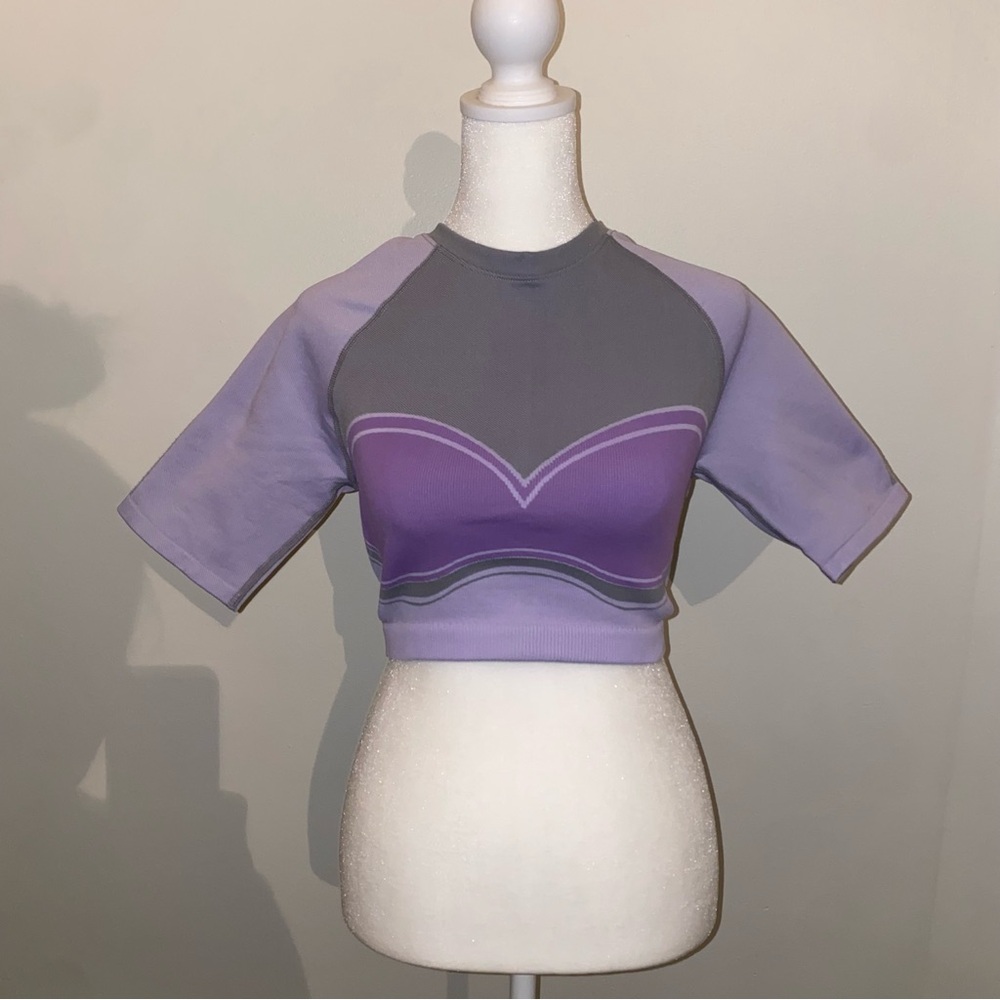 Fabletics Gray and Purple Crop Top - Short Sleeve Fitted